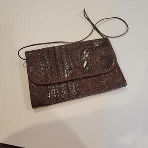 Carlos Falchi Brown BoHo Snake Croc Reptile Pattern Leather Clutch Purse
